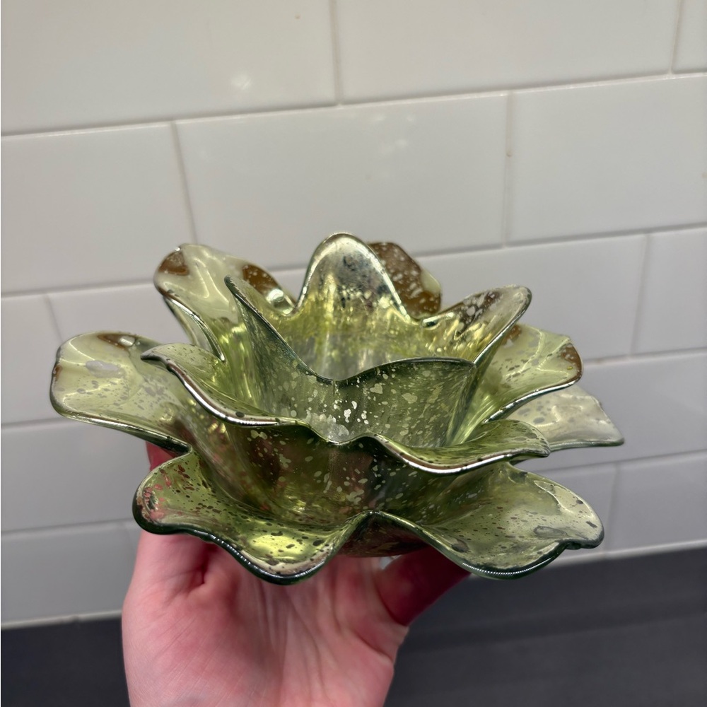 Silver and Green Glass Flower Candle Holder - Picture 3 of 6